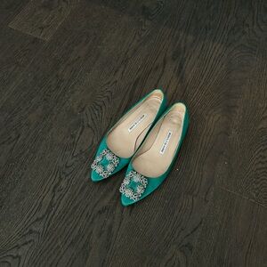 Manolo Blahnik Green Satin Hangisi Ballet Flats
